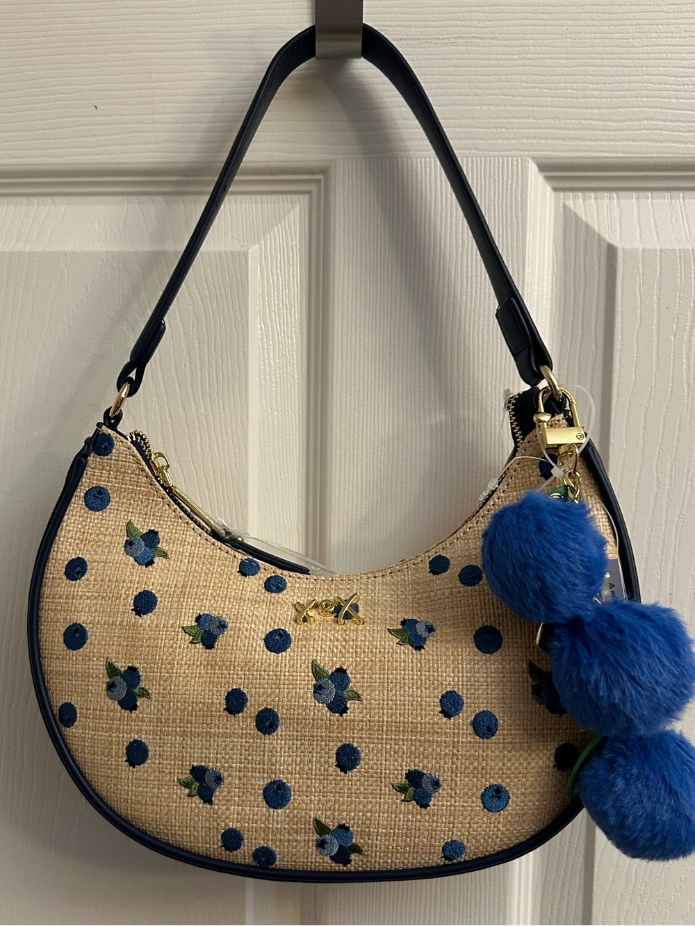 Betsey Johnson Navy Trim Straw Shoulder Bag with a Blue Pom Pom Charm - Picture 13 of 16
